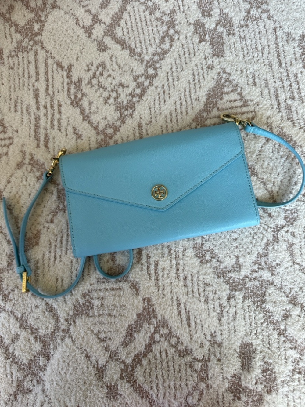 Tory Burch Saffiano Leather Crossbody Wallet | Light Blue | Gold Logo | Like New